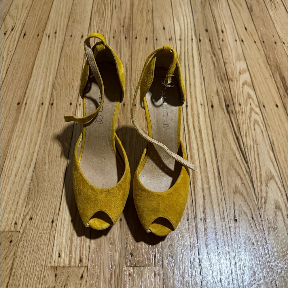 Yellow SuedePeep-Toe Heels w/ ankle strap.